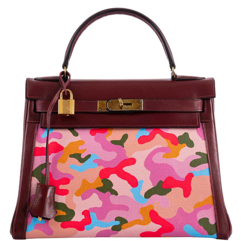 Front view of Hermes Kelly 28 Rouge H with neon pink camouflage canvas