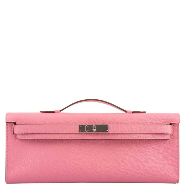 Front view of Hermes Kelly Cut in Rose Confetti Epsom leather with palladium hardware