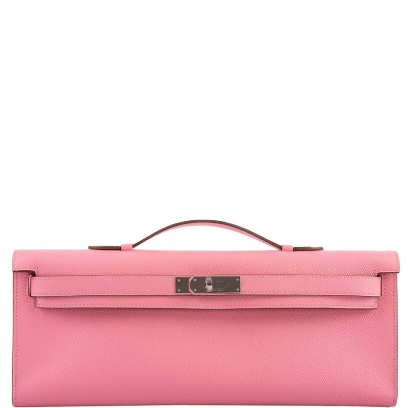 Front view of Hermes Kelly Cut in Rose Confetti Epsom leather with palladium hardware