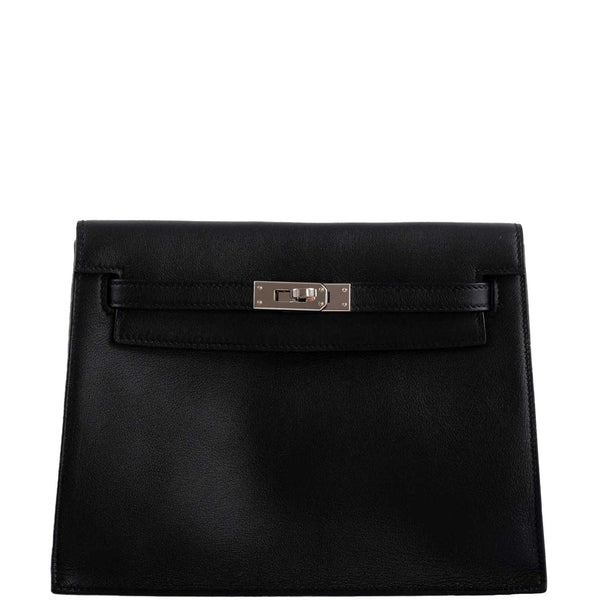 Front view of Hermes Kelly Danse II in black Swift leather with palladium hardware