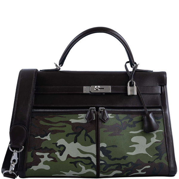 Front view of Hermes Kelly Lakis 35 in Chocolate Calf Box and painted camouflage toile