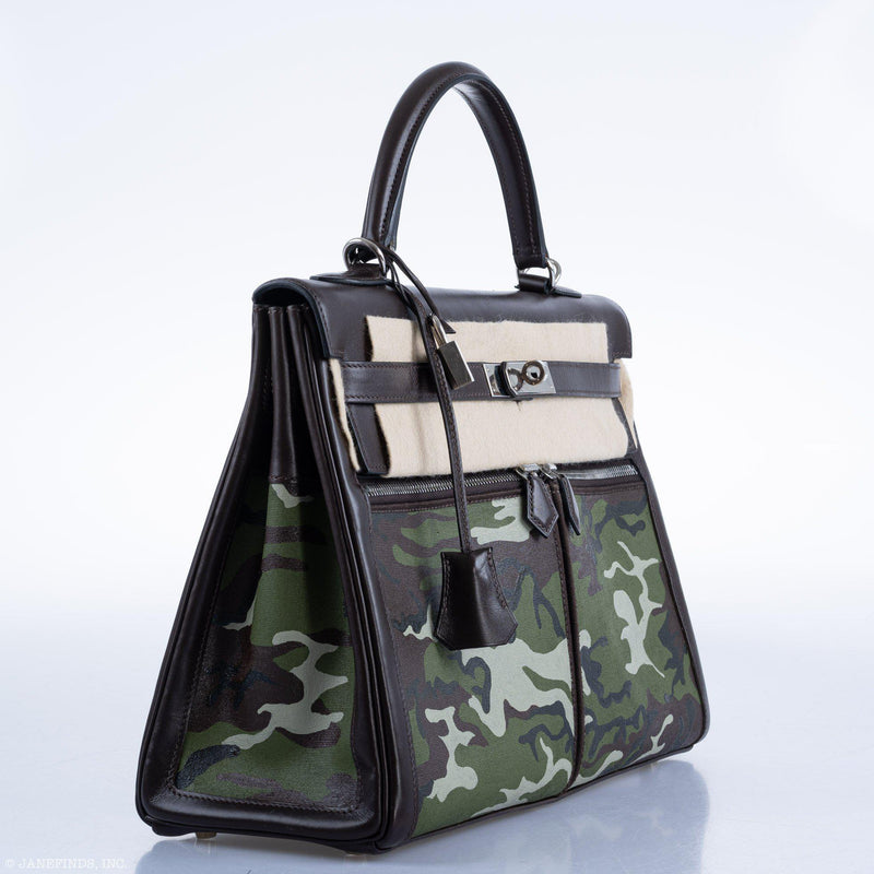 Front view of Vintage Hermes Kelly Lakis 35 in Chocolate Box leather with camouflage canvas