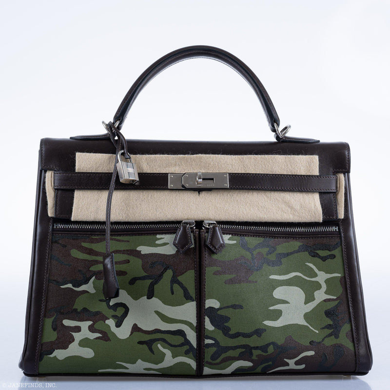 Side profile of Hermes Kelly Lakis 35 featuring custom camouflage-painted toile panels