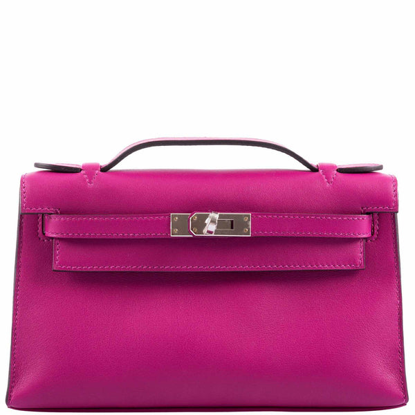 Front view of Kelly Mini Pochette in Rose Pourpre Swift with palladium hardware