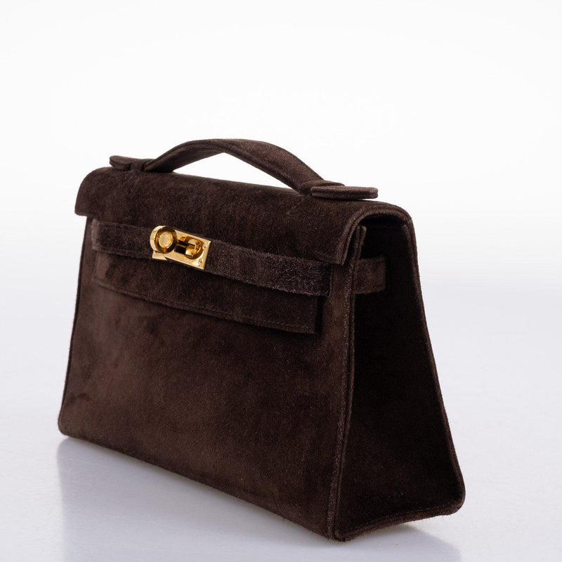 Back view of smooth chocolate suede finish