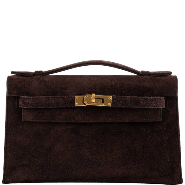 Front view of Hermes Kelly Pochette in Chocolate Brown Doblis Suede with gold hardware