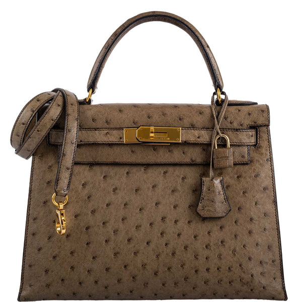 Front view of Hermes Kelly 28 Mousse ostrich structured silhouette