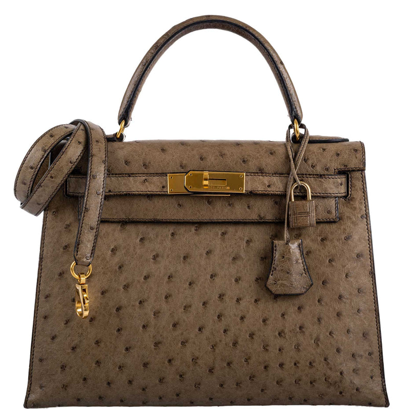 Front view of Hermes Kelly 28 Mousse ostrich structured silhouette