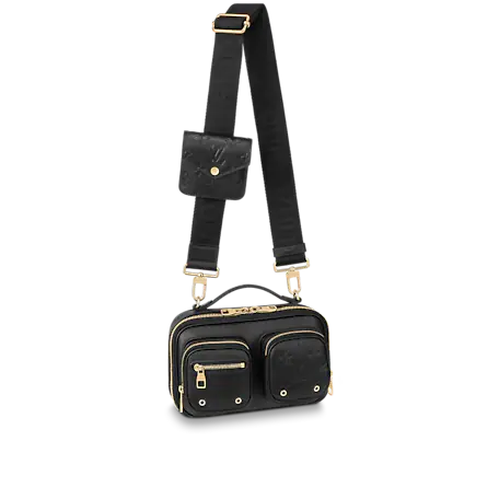Front view of the Louis Vuitton Utility Crossbody in black calfskin leather.