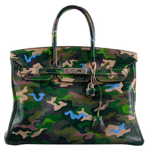 Vintage Hermes Birkin 35 bag with a green camouflage pattern in Swift leather and palladium hardware